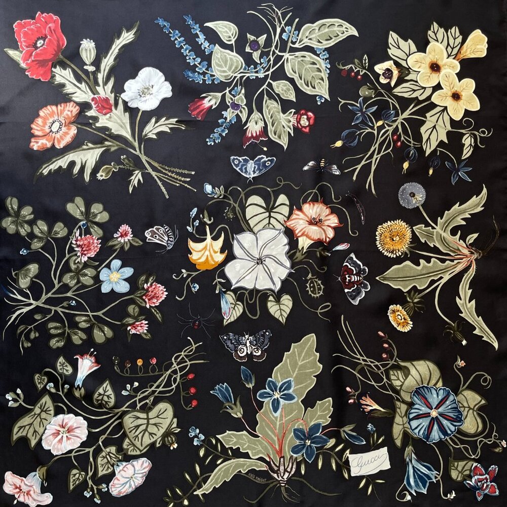 Gucci Silk Wrap Logo Kris Knight Floral Print Black Scarf